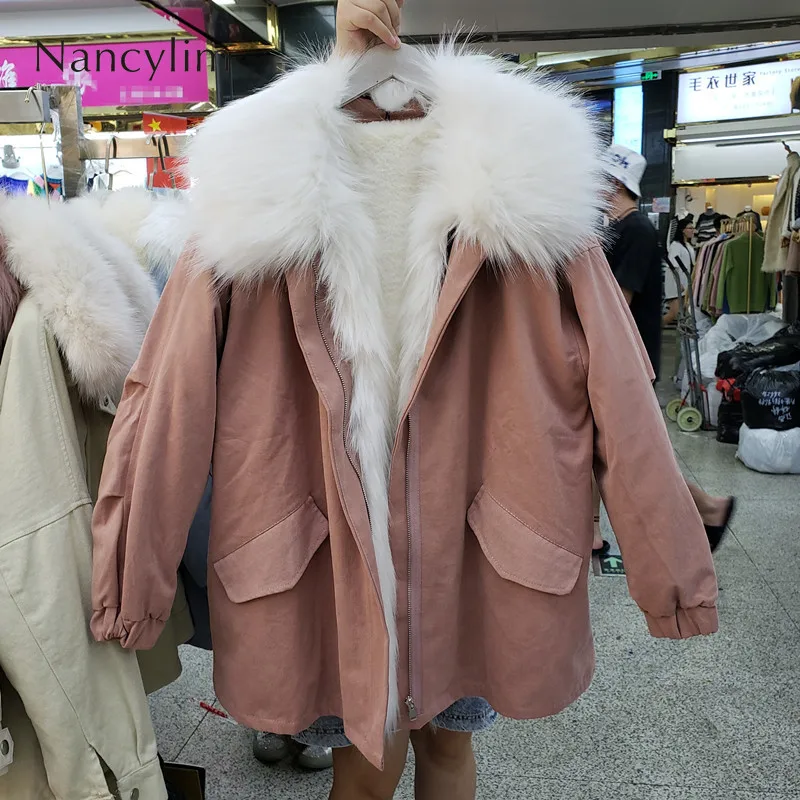 

Winter Jacket Women New Faux Fur Liner Imitation Fur Collar Coat Ladies Medium Length Cotton Padded Parka Street Warm Coats