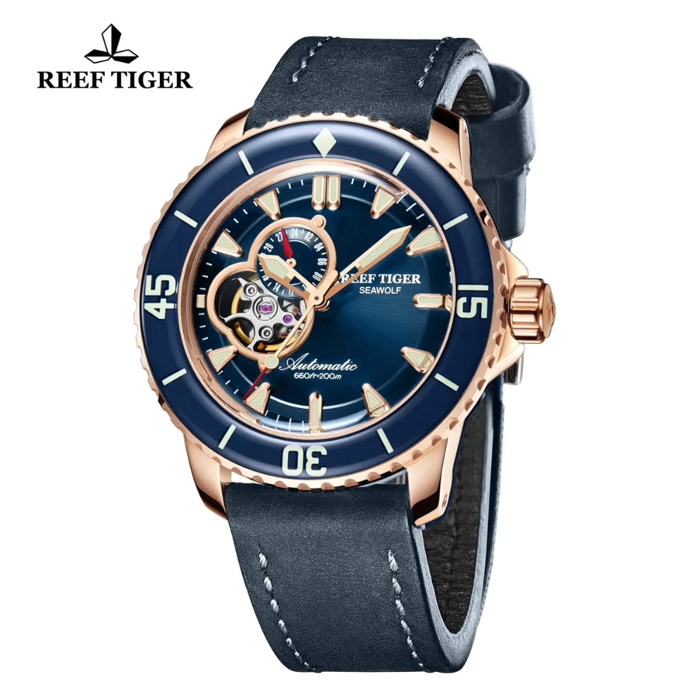 Мужские спортивные часы Reef Tiger/RT водонепроницаемые цвета розового золота с