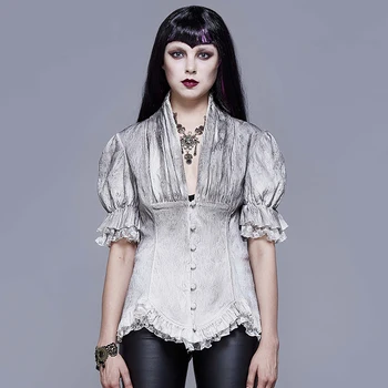 

Eva Lady Women's Goth V-neck Single-breasted Lace Puff Sleeved Shirt ESHT004