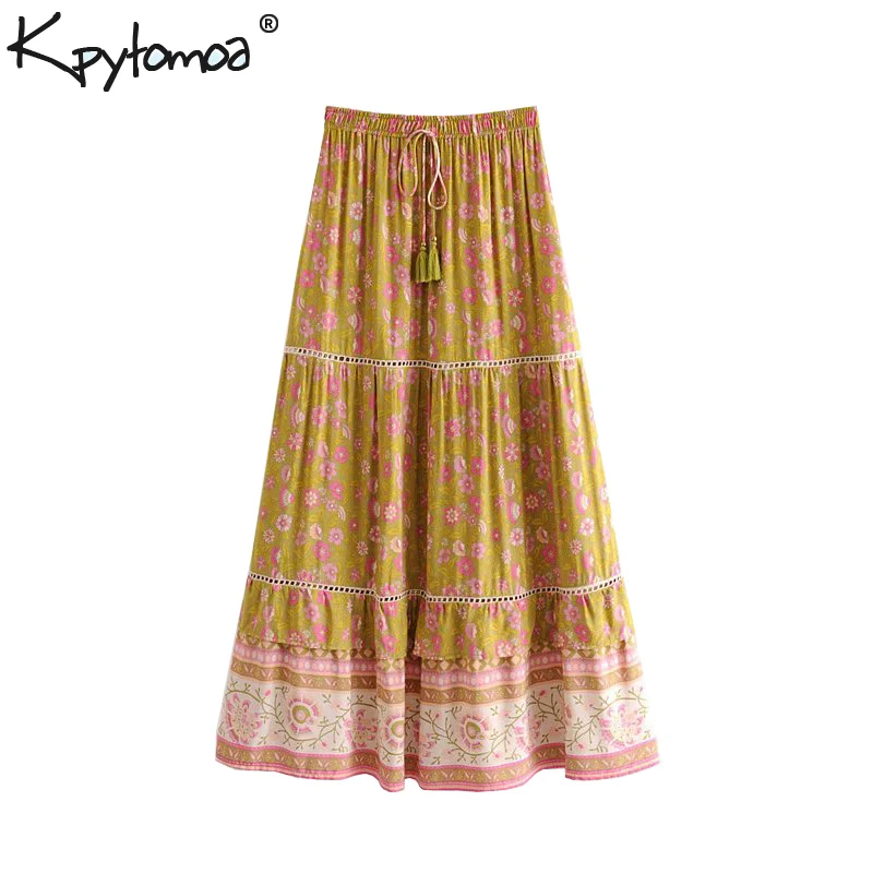 Boho шикарная летняя винтажная Цветочная печать кружевная Лоскутная макси юбка женская 2019 модный шнурок кисточка эластичная талия пляжные