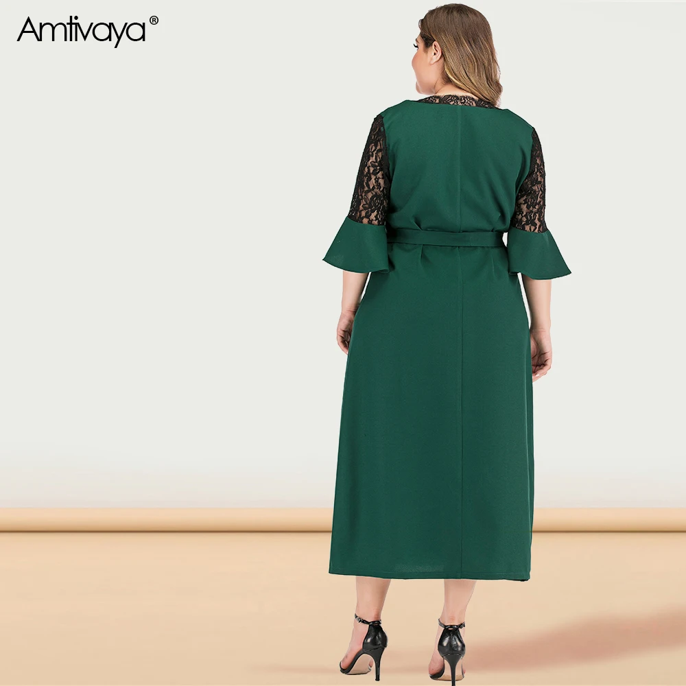 Amtivaya новые платья размера плюс женские модные кружевные хит цвета платье средней длины в стиле пэчворк элегантное темно-зеленое с v-образным вырезом и рукавом до локтя