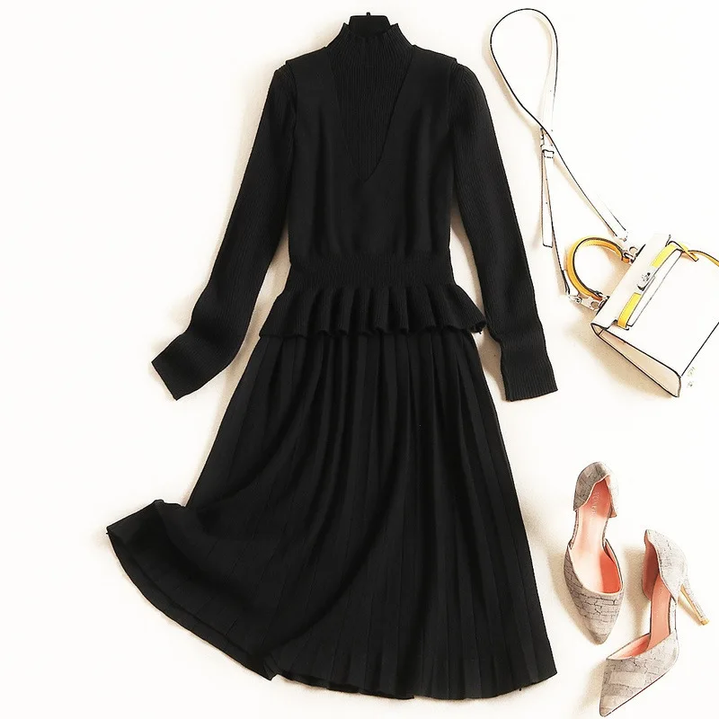 Новое модное осенне-зимнее женское платье, Повседневное платье с длинным рукавом, однотонное Повседневное платье-свитер, комплект из 2 предметов - Цвет: Черный