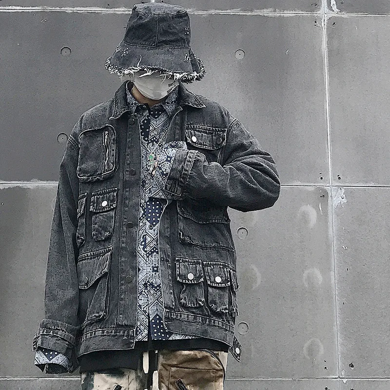Japanse vintage veel pocket casual heren spijkerjasje functie wind overalls mode streetwear homme jas