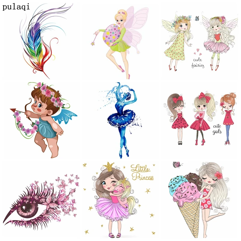 

Pulaqi DIY Cartoon Girl Patch Iron on Transfer for Clothes Stripes Heat Transfer Vinyl Thermal Stickers Iron Applique on Clothes