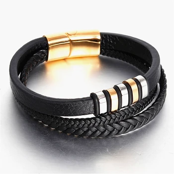 

3 Layers Black Gold Punk Style Design Genuine Leather Bracelet for Men Steel Magnetic Button Birthday Gift Male Bracelets
