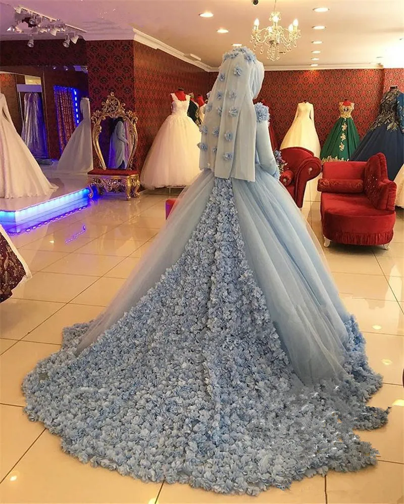 3d Floral Islamic Hijab Wedding Dresses 2020 High Neck Long Sleeves Abayas Kaftan Muslim Dubai Bridal Gowns Vestido De Novia Aliexpress