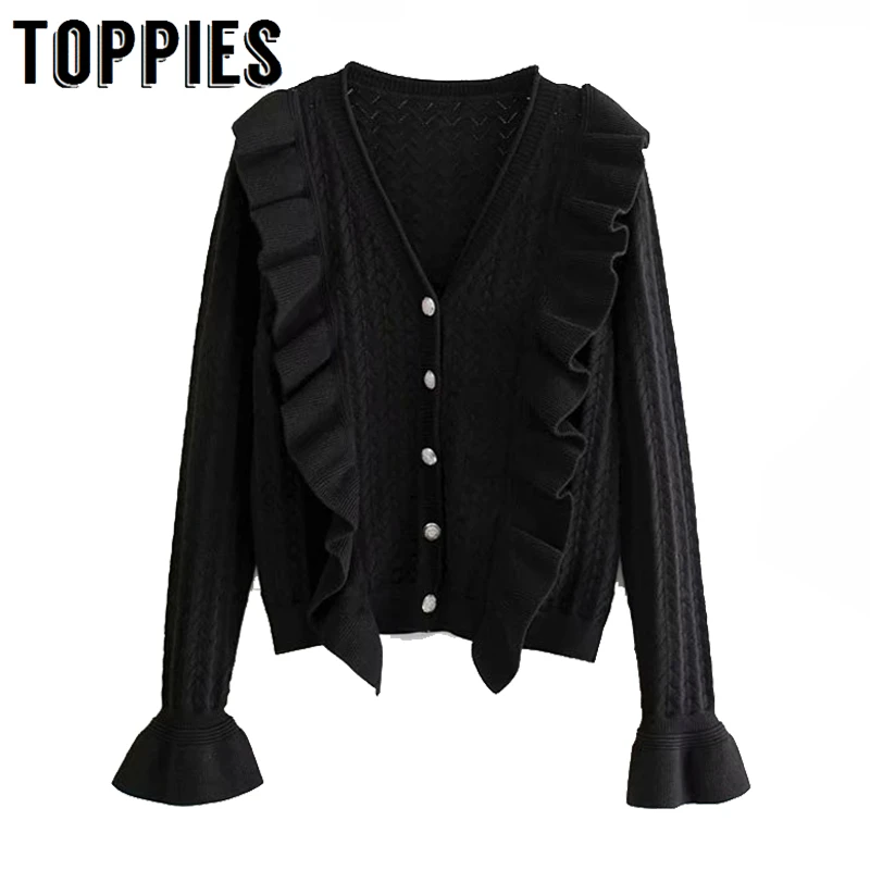 

2019 Autumn Knitted Ruffles Sweater Flare Sleeve V Neck Cardigan Lady Black White Cardigan Sweater