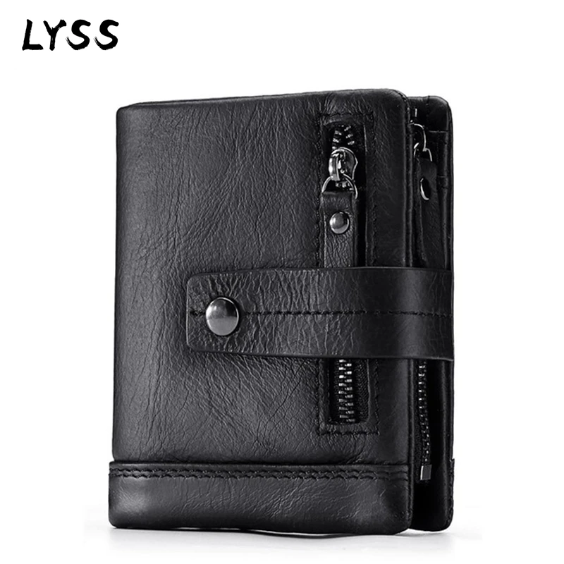 

100% Genuine Leather Men Wallet Coin Purse Small Mini Card Holder Chain PORTFOLIO Portomonee Male Walet Pocket Zipper Hasp