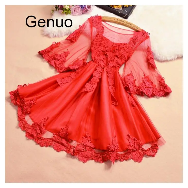 

Red Lace Mesh Sweet Style Perspective Dresses Fashion Brand Floral Hollow Out Spring Summer Flare Sleeve A-line Dress Woman New