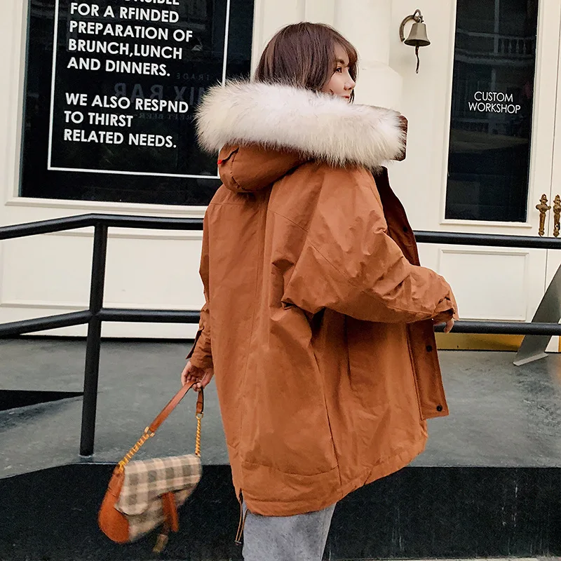 

Winter new collection women down jacket thick loose long big scorpion fur collar thick tooling style down jackets woman hooded