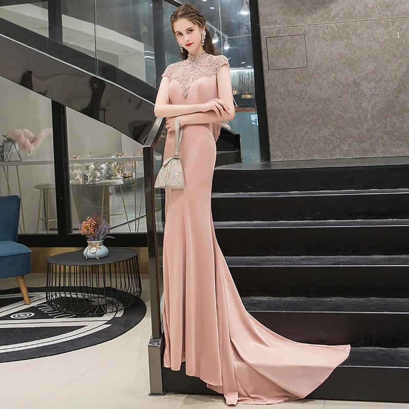 SSYFashion/Новое высококачественное роскошное вечернее платье розового цвета с высоким воротом Русалочки, Длинные Вечерние Платья De Noche