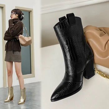 

Women Autumn Winter Western Cowboy Boots 2021 Snake Print Ankle Boots for Women Wedge High Heel Boots Gold Silver Fashion Shoes