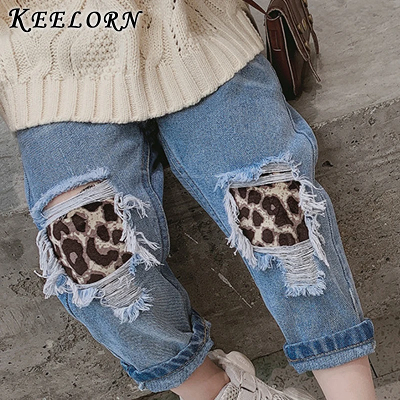 Calças de Brim Quebrado para o Bebê da Menina do Menino Keelorn Meninas Calças Crianças Rasgado Buraco Leopard 2020 Nova Primavera Jeans 3-7t