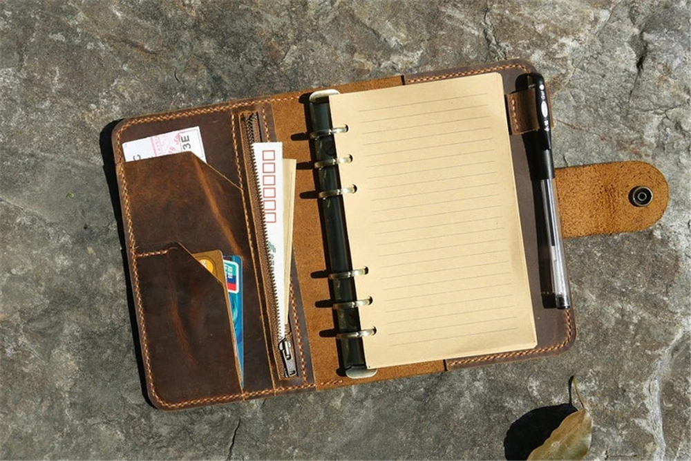 Персонализированные Проблемные кожаный журнал A6 Кольцо переплет планировщик/многоразового использования винтажный кожаный Органайзер для путешествий ноутбук NA605TB