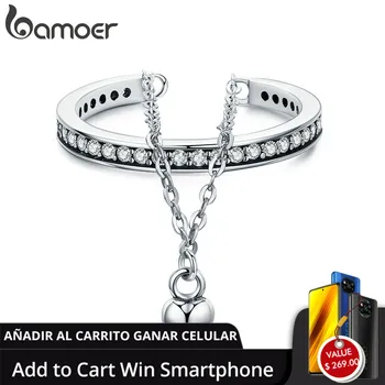 

BAMOER High Quality 100% 925 Sterling Silver Stackable Clear CZ Heart Chain Double Layer Ring for Women Wedding Jewelry SCR291