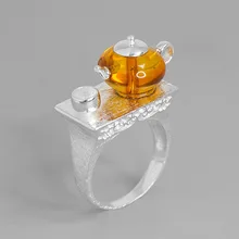 INATURE 925 пробы серебро Натуральный Янтарный чайник кольца для женщин Свадебные украшения