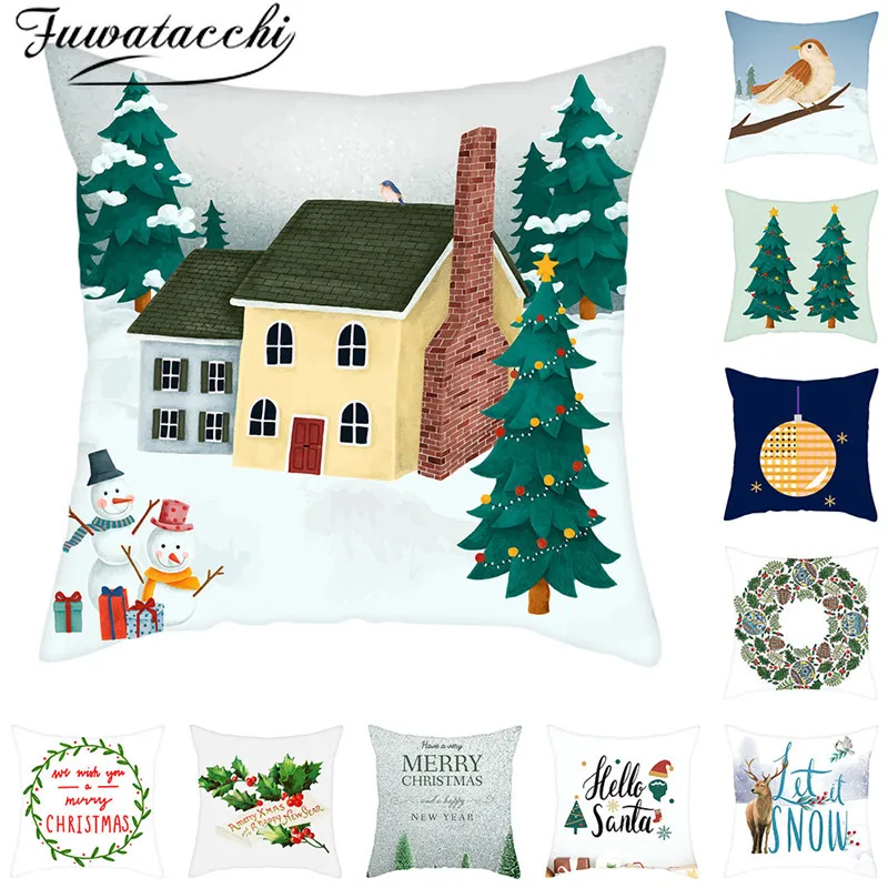 

Fuwatacchi Merry Christmas Cushion Covers Snowman Birds Tree Pillow Covers for Home Sofa Deacorative Throw Pillows Case New Year