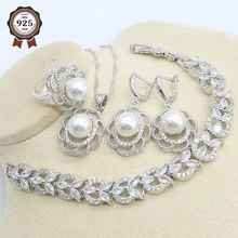 Белый жемчужный набор украшений из серебра 925-й пробы для Для женщин браслет из белого циркония серьга, ожерелье, подвеска кольцо подарок на день рождения