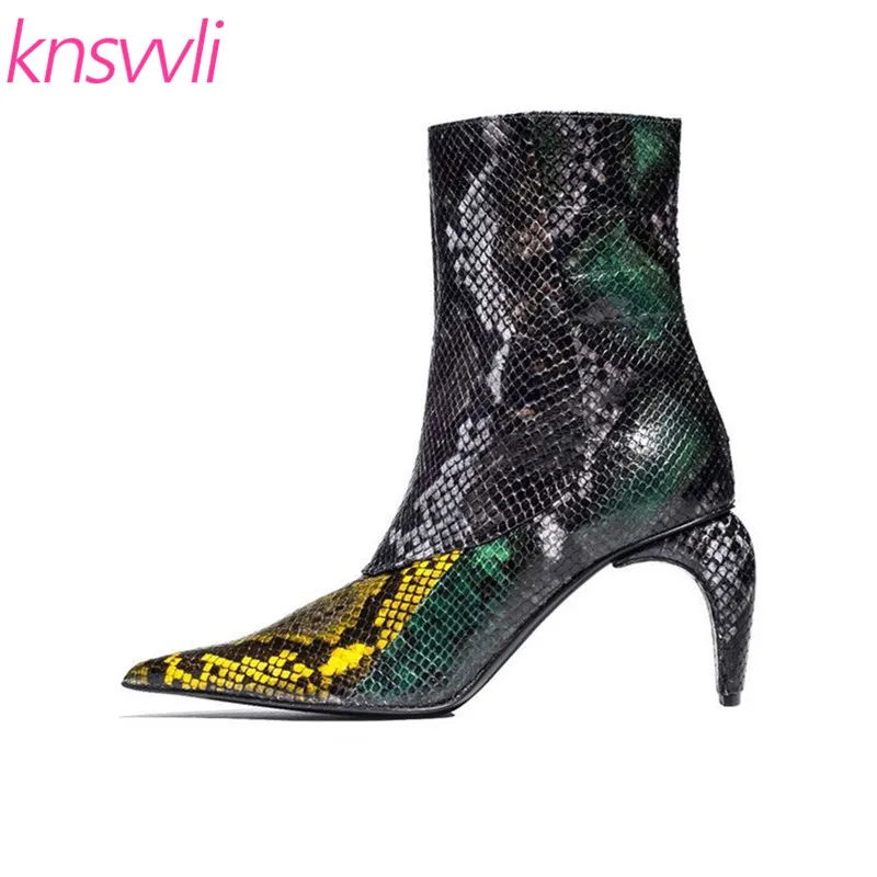

Punk Snake Pattern High Heels Ankle Boots Women Pointed Toe Runway Shoes Woman Mixed Color Strange Style heel Zapatos De Mujer