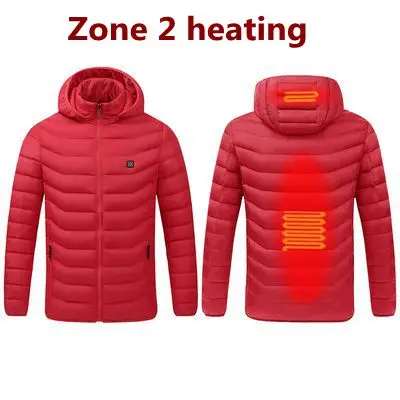 2021 NWE Men Winter Warm USB Heating Jackets Smart Thermostat Pure Color Hooded Heated Clothing Waterproof  Warm Jackets 2 Areas Heated Red