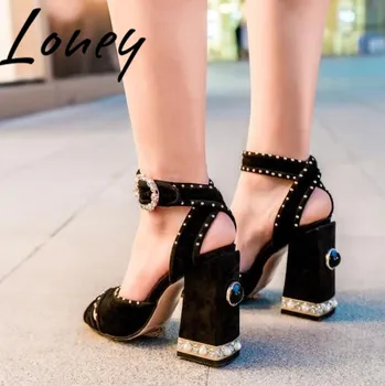 

Prowow New Black Genuine Leather Metal Studded HIgh Heel Sandals Open Toe Crystal Buckle Strap Party Sandals Shoes Women