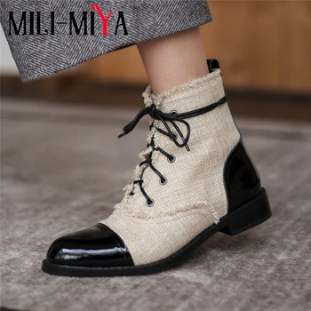 

MILI-MIYA Fashion Design Women Ankle Boots Cow Leather&Breathable Fabric Lace-Up Round Toe Square Heels Plus Size 34-44 For Lady