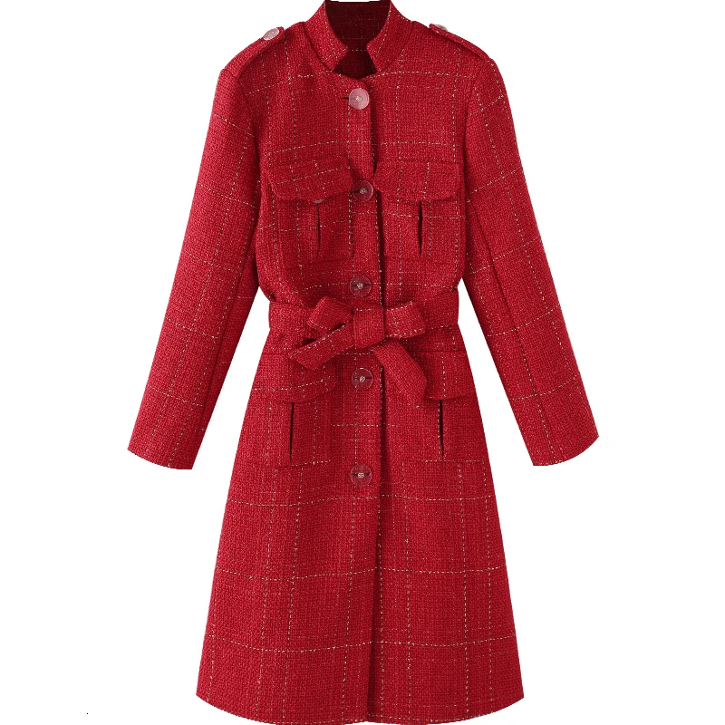 Новое поступление, модное осеннее шерстяное твидовое пальто с поясом, клетчатое однобортное зимнее женское пальто с длинными рукавами и карманами