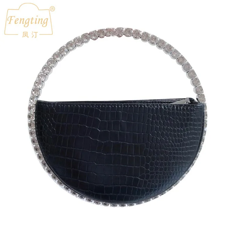 

Circular Evening Bag Women's Dinner Clutch Purse 2020 New Round Handle Rhinestone Diamond Ladies Half Moon Handbag black FTB286