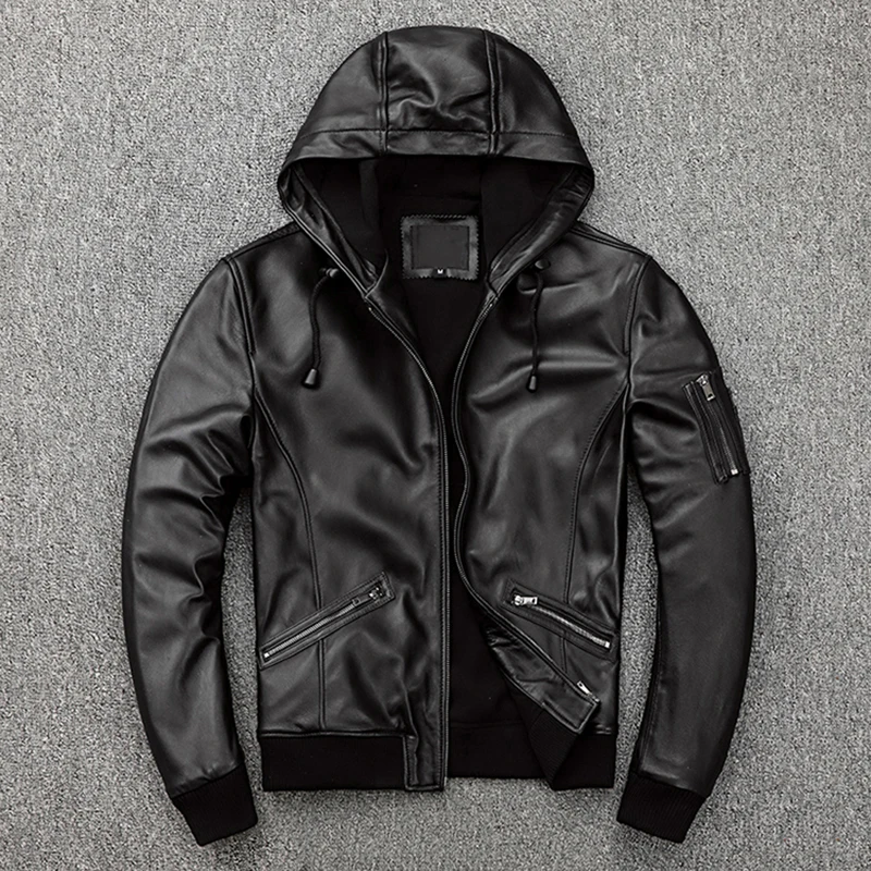 

Autumn New Hooded Lambskin Real Aviator Bomber Jackets Men Black Slim Genuine Sheep Leather Flight Pilot Coat Plus Size