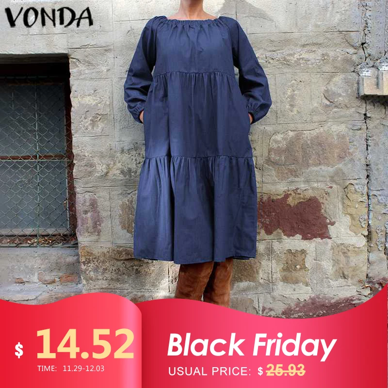 

2019 Spring Autumn Fashion Ruffle Hem Maxi Long Dress Plus Size Robe VONDA Womens Casual Loose Denim Solid Color Cotton Vestidos