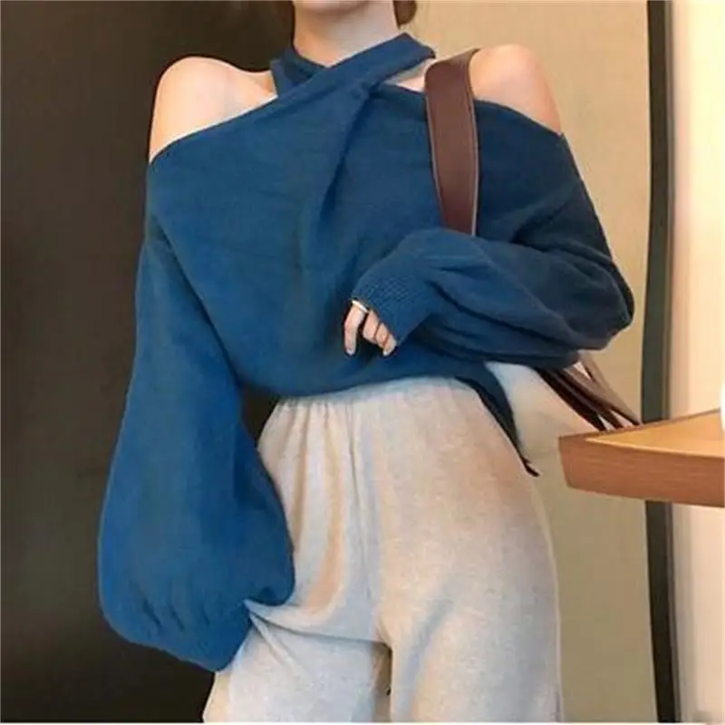 

Autumn winter loose sexy open shoulder fashion femme sweaters lantern sleeve solid color casual women knitwears