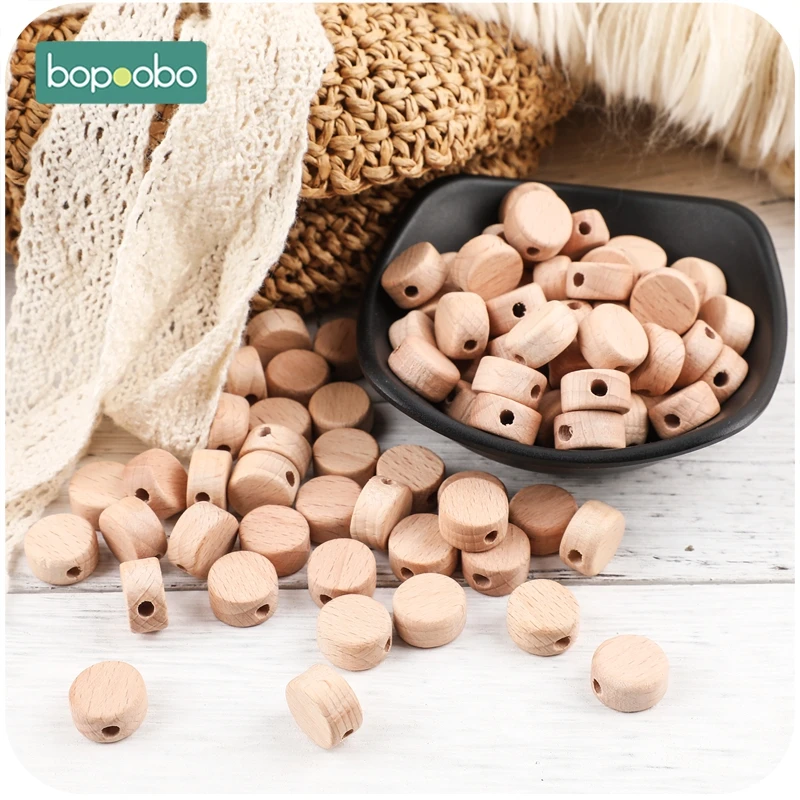 Bopoobo perles en bois sans BPA | 10 pièces, matériel de qualité alimentaire pour le bricolage, collier de dentition pour bébé, disque rond, perles de dentition (lot de 10)