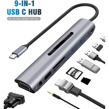 

USB C Hub 9 in 1 Multiport Adapter with PD Power Delivery, 4K HDMI Output, 3 USB 3.0 Ports, Card Reader, VGA,o Port