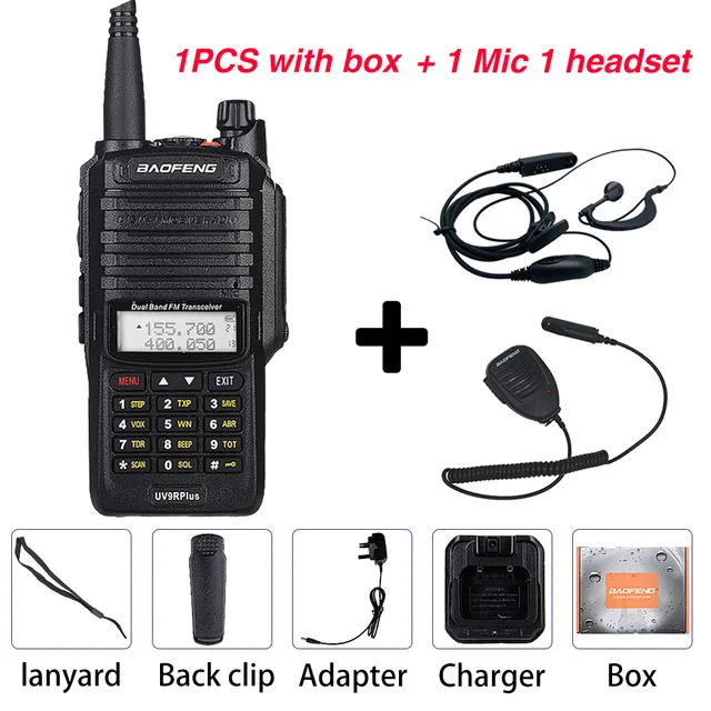 10 Вт Мощность Baofeng UV-9R Plus Водонепроницаемый 10 км Охота CB Ham Радио uv9rhp 4800 мАч портативная рация VHF/UHF двухдиапазонный FM приемопередатчик - Цвет: Add 1mic 1headset