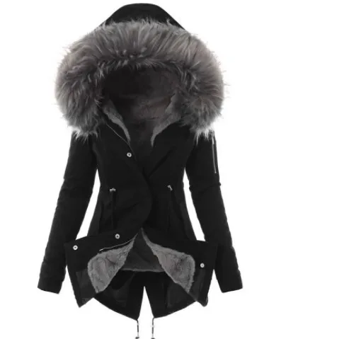 black gray Зимнее пальто Женские однотонные толстовки с капюшоном приталенные куртки теплая плюшевая верхняя одежда на молнии с меховым капюшоном Женская куртка Chaqueta Mujer - Цвет: black gray