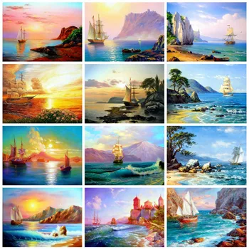 

Huacan Diamond Painting Full Drill Landscape Home Decoration Mosaic Ship Embroidery Sea Diamond Art