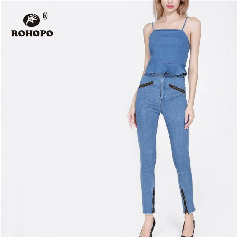 

ROHOPO High Waist Waistband Front Welt Zipper Skinny Jeans Back Welted Pockets Ripped Buttoms Female Cotton Denim Trousers #2577