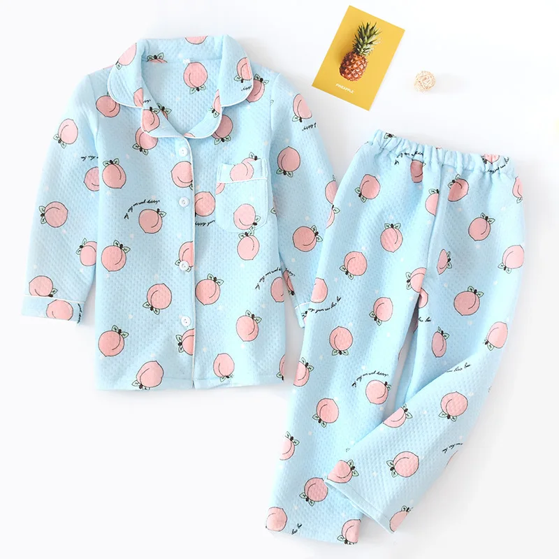 

CHILDREN'S Pajamas Pure Cotton Set Padded Air Layer Autumn And Winter Thick Big Boy Baby Girls' Shirt Home Wear