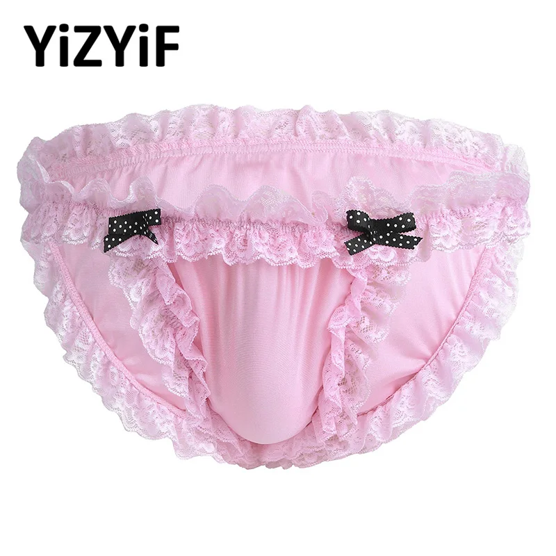 

Men Lingerie Sissy Panties Gay underwear Sexy Maid Floral Lace with Two Stitched Bowknot Soft Bikini Briefs Underwear Underpants