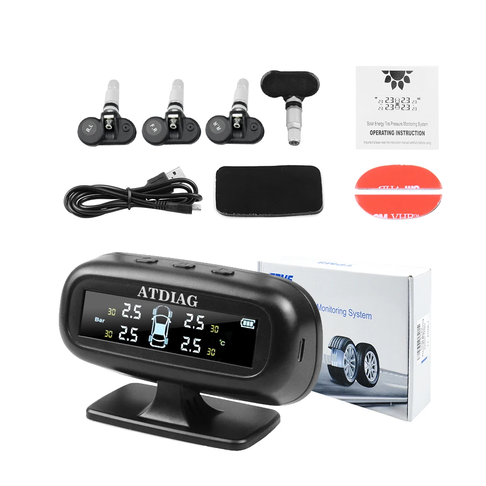 Car tire pressure monitor sensor ATDIAG TPMS USB Solar Charging Bar Psi C' display tire pressure alarm tool