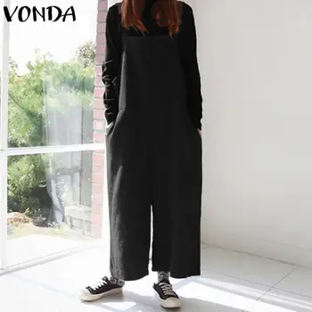 

VONDA Rompers Womens Jumpsuits 2020 Autumn Sexy Wide Leg Pants Sleeveless Long Playsuit Casual Loose Cotton Overalls Plus Size