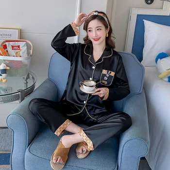 

Summer Silk Pajamas Women Spring and Autumn Long Sleeve Sexy Pants Thin Viscose Fiber Large Size Leisure Tops