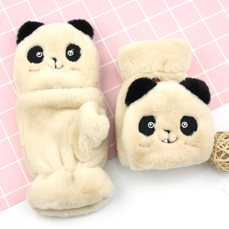ハーフフィンガーフリップぬいぐるみファーソフトフィンガーレスミトン漫画パンダグローブ冬暖かい厚いミトン手袋かわいい動物 Women S Gloves Aliexpress
