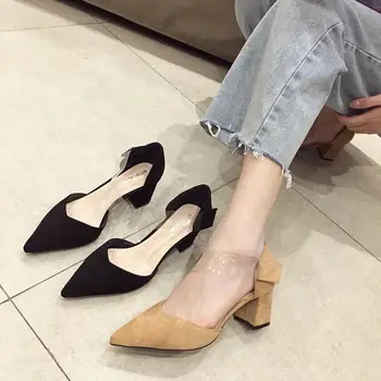 

2019 autumn new fashion simple solid color high heels women suede comfortable PVC decorative casual high heels
