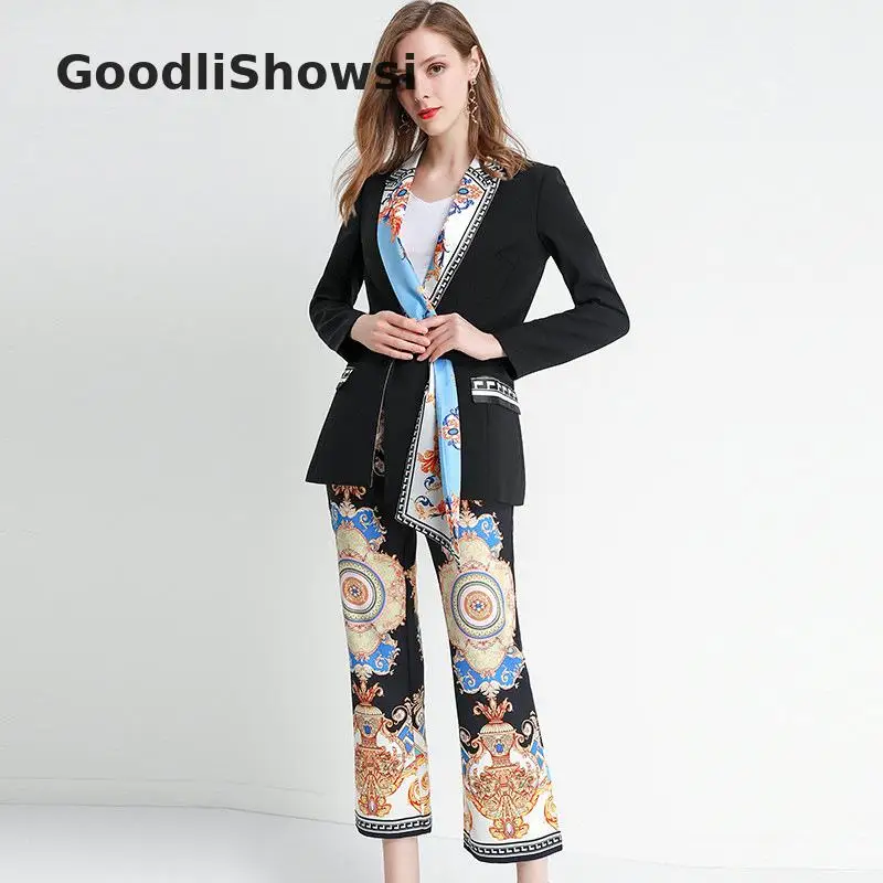 GoodliShowsi Business Wear Formal 2 Piece Sets Women's Sets Chic Retro Print Patchwork Suit Tops+ Straight Leg Pants Suits OL