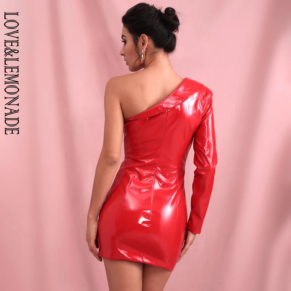 LOVE& LEMONADE сексуальные красные Нерегулярные Воротник крест с длинным рукавом Светоотражающие ПУ Bodycon Вечерние мини-платья(с молнией) LM81781-2