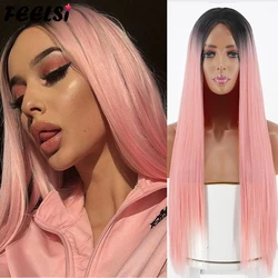 Long Straight Hair Synthetic Wig For Women Cosplay Wig Ombre Pink Middle Part Daily Party High Temperature Heat Resistant Fiber