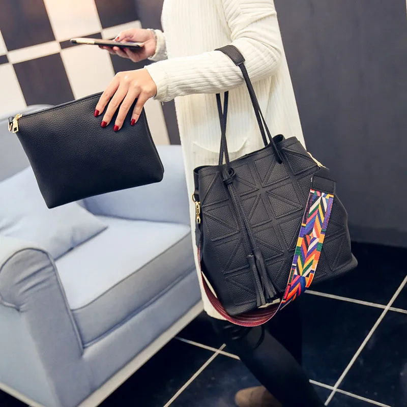 

2017 Korean-style Fashion Triangular Spell Bucket Bag Ribbon Different Size Bags Single-shoulder Crossbody Bag Tassels Two-Piece