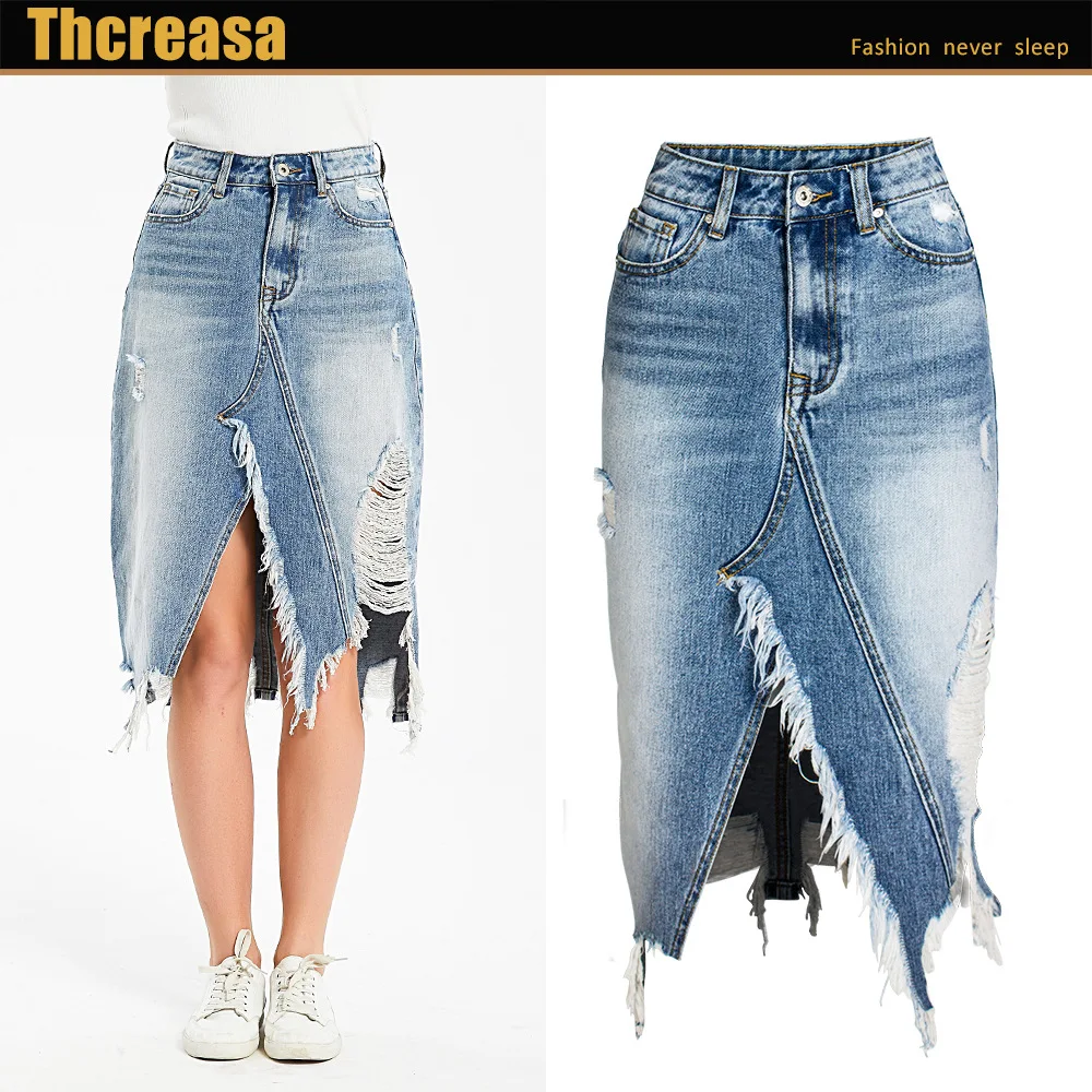 Женская джинсовая юбка с дырками необычная средней длины бахромой|Юбки| |
