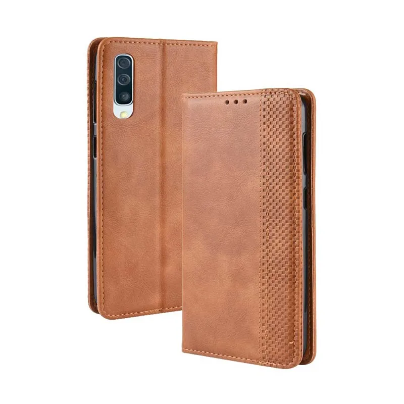 Brown Винтажный чехол для samsung Galaxy A20e A 10 20 30 40 50 60 70 S сетчатый узор из искусственной кожи+ Мягкий ТПУ чехол-подставка с отделением для карт - Color: Brown
